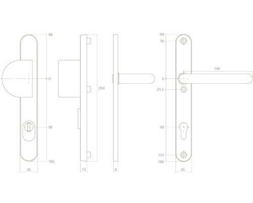 Technische Zeichnung eines Fenstergriffs mit Abmessungen