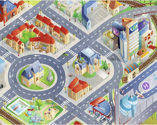 Illustration einer Stadtansicht mit Gebäuden, Straßen, Kreisverkehr und Grünflächen.