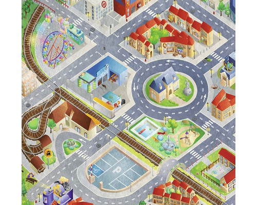 Illustration einer Stadt mit Gebäuden, Straßen, Eisenbahn und Freizeitpark