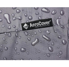 Detailaufnahme eines wasserabweisenden Stoffes mit Wassertropfen und AeroCover Logo