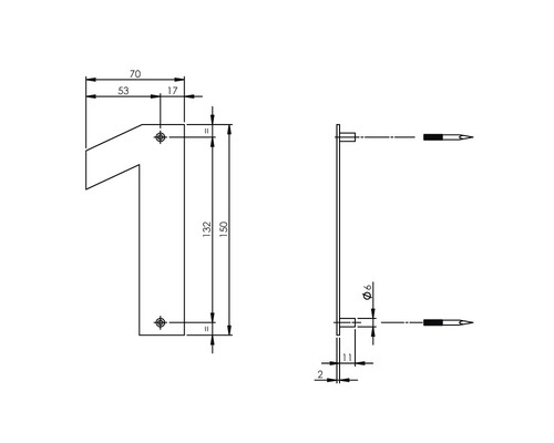 Technische Zeichnung der Hausnummer 1 mit Maßangaben
