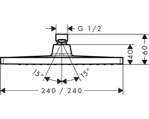 Technische Zeichnung eines Duschkopfes mit Maßangaben