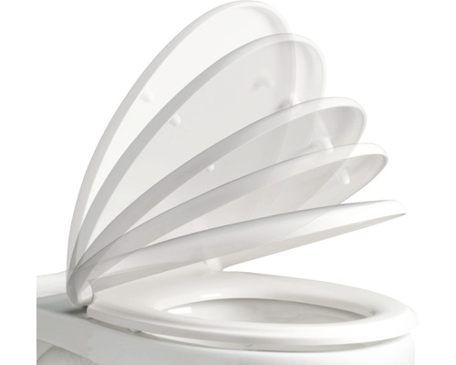 Toilettensitz mit Absenkautomatik in verschiedenen Öffnungspositionen