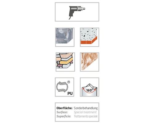 Symbolic representation of the application and properties of a product: Application with spray gun, surface with special treatment, product is polyurethane based, opening angle 160 degrees.