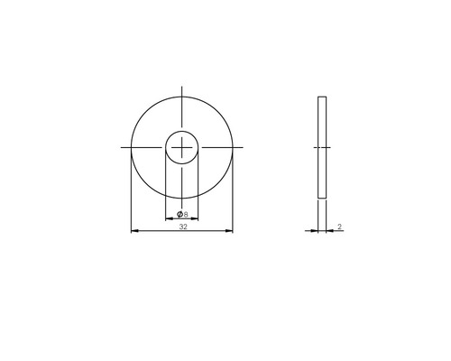 Technische Zeichnung einer Unterlegscheibe mit den Maßen 32 Millimeter Durchmesser, 8 Millimeter Lochdurchmesser und 2 Millimeter Dicke