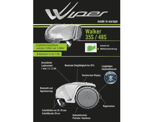 Wiper Walker 35S oder 48S Rasenroboter mit technischen Details