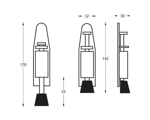 Technische Zeichnung eines Türfeststellers mit Maßen