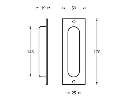Technische Zeichnung eines Muschelgriffs mit Maßangaben