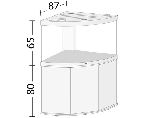 Eckaquarium mit Unterschrank und Maßangaben