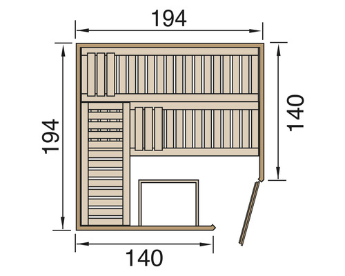Grundriss einer Sauna mit den Maßen 194 mal 140 Zentimeter.