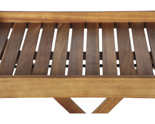 Detailansicht eines Holztabletts mit Lattenrost und Gestell