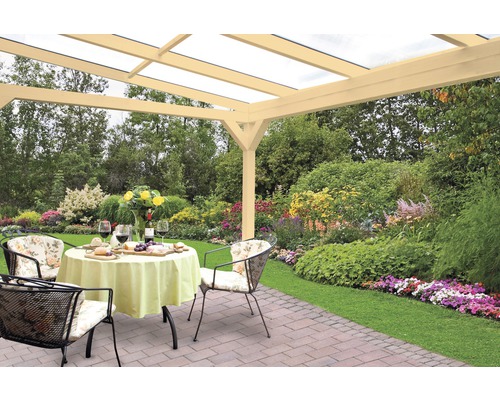 Terrassenüberdachung aus Holz mit transparentem Dach und Gartenszene