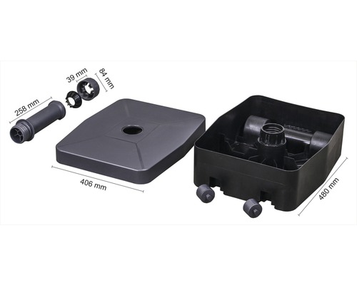 Einzelteile eines Sonnenschirmständers mit Maßen