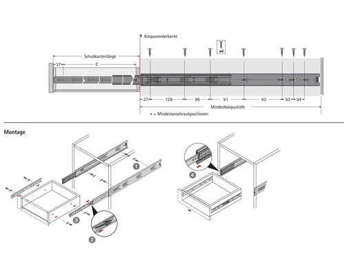 Zeichnung einer Schubladenschiene mit Montageanleitung und Maßangaben