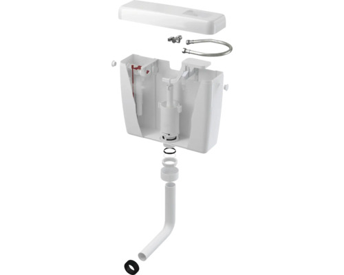 Aufgeschnittener Spülkasten zeigt die inneren Mechanismen und Komponenten