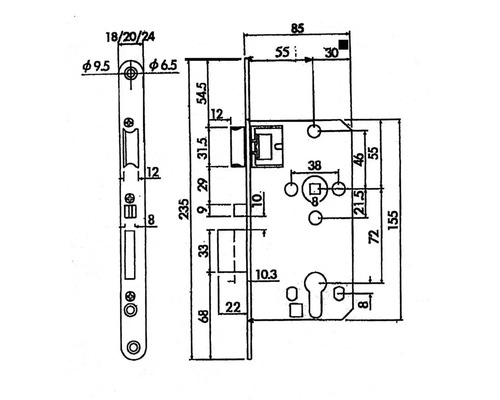 Technische Zeichnung eines Türschlosses mit Maßangaben