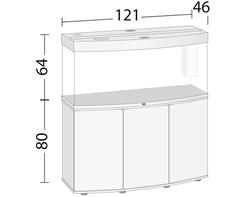 Aquarium mit Unterschrank und Maßangaben
