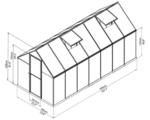 Technische Zeichnung eines Gewächshauses mit Maßangaben