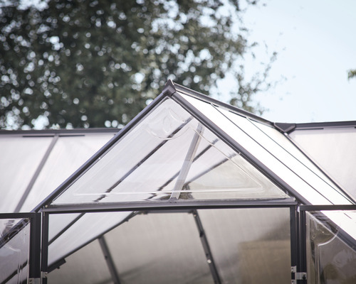 Detailansicht eines Gewächshausdachs mit Lüftungsfenster