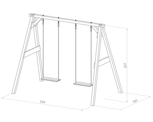 Abbildung einer Holzschaukel mit Abmessungen