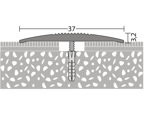 Illustration eines Übergangsprofils mit Schraube und Dübel zur Montage zwischen zwei Bodenbelägen unterschiedlicher Höhe mit Maßangaben