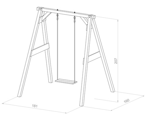 Illustration einer Holzschaukel mit den Maßen 207 x 181 x 160 cm.