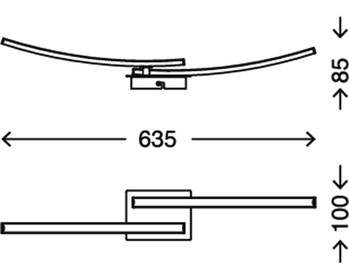 Technische Zeichnung einer Wandleuchte mit den Maßen 635 x 85 x 100 mm.