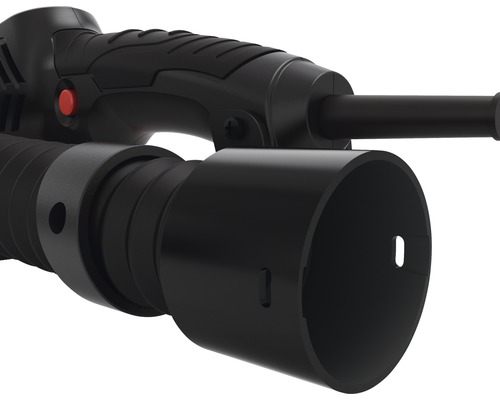 Detailansicht eines schwarzen Staubsaugers mit Griff und Saugrohr.