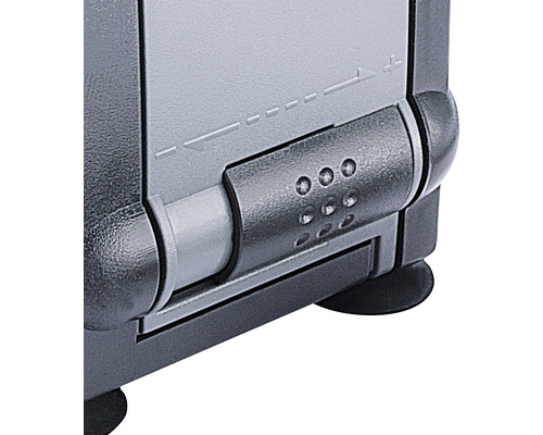 Detailansicht eines grauen Werkzeugkoffers mit Verschlussmechanismus