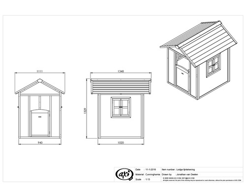Technische Zeichnung eines Spielhauses mit Tür und Fenster.