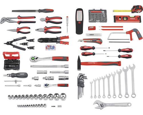 Umfangreiches Werkzeugsortiment mit Zangen, Schraubendrehern, Steckschlüsseln, Hammer und vielem mehr