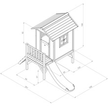 Dimensionszeichnung eines Spielhauses mit Rutsche für den Garten