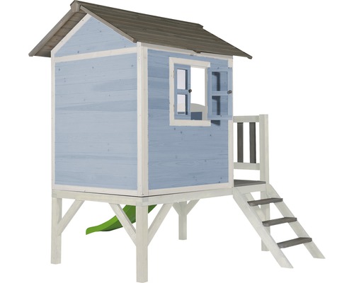 Blaues Holzspielhaus mit Rutsche und Leiter