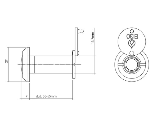 Technische Zeichnung eines Türspions mit Maßen.