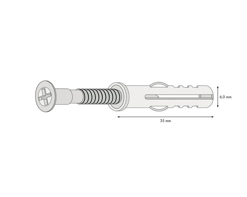 Zeichnung einer Schraube mit Dübel, 35 mm lang und 6 mm Durchmesser
