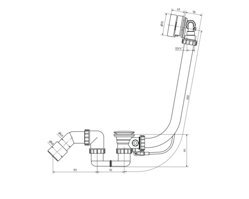 Technische Zeichnung eines Siphon mit Maßen