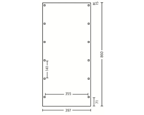 Technische Zeichnung mit Maßangaben für ein Produkt: Höhe 860, Breite 397