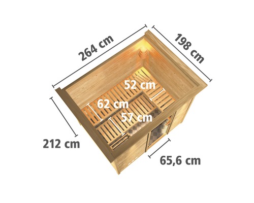 Draufsicht einer Sauna mit Maßangaben zu Länge, Breite und Sitztiefe