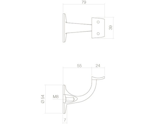 Technische Zeichnung eines Geländerhalters mit Maßangaben
