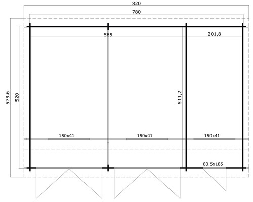 Grundrisszeichnung einer Gartenhütte mit Maßangaben