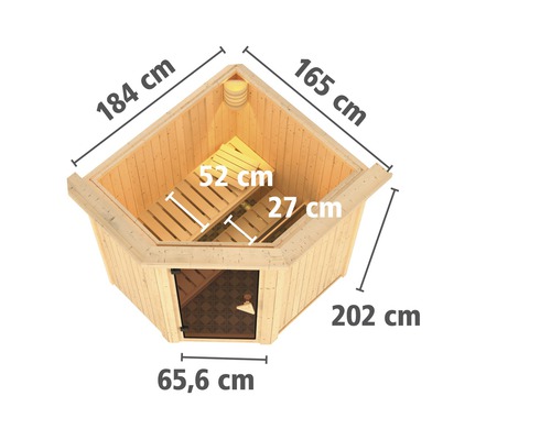 Draufsicht einer Holzsauna mit Maßangaben