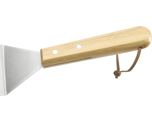 Grillwender aus Edelstahl mit Bambusgriff und Lederschlaufe