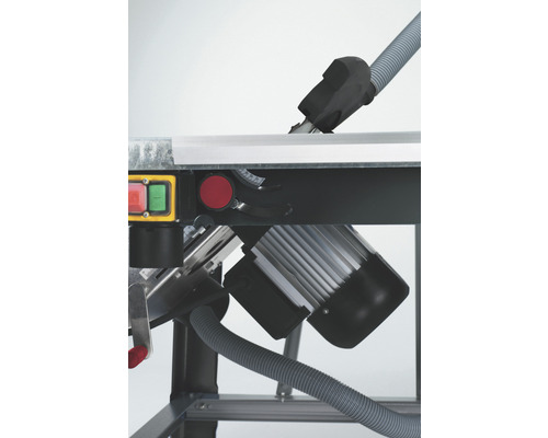 Detailansicht einer Tischkreissäge mit Motor und Absaugvorrichtung