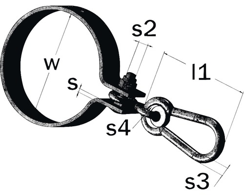 Rohrschelle mit Karabinerhaken und Maßangaben