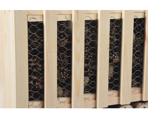 Nahaufnahme eines Insektenhotels mit Kiefernzapfen und Drahtgeflecht