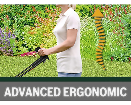 Frau bedient Rasenmäher im Garten mit Ergonomiehinweis