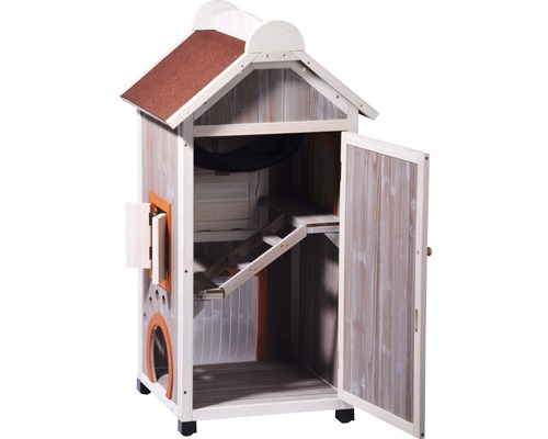 Kleintierstall aus Holz mit geöffneter Tür und Rampe