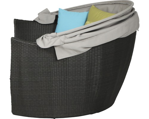 Gartenmuschel aus Rattan mit Kissen und Sonnendach