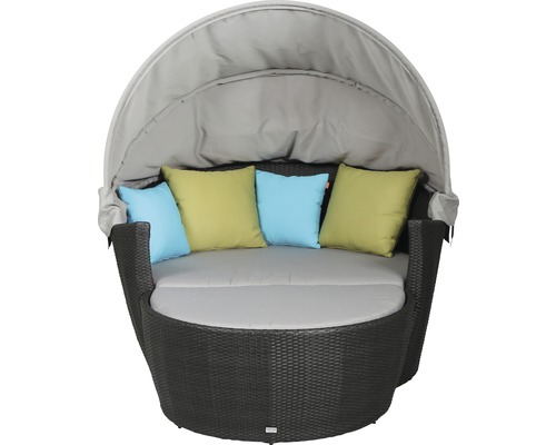 Runde Gartenliege aus Polyrattan mit Sonnendach und Kissen