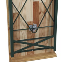 Unterseite einer Festzeltgarnitur mit Metallgestell und Holzplatte.